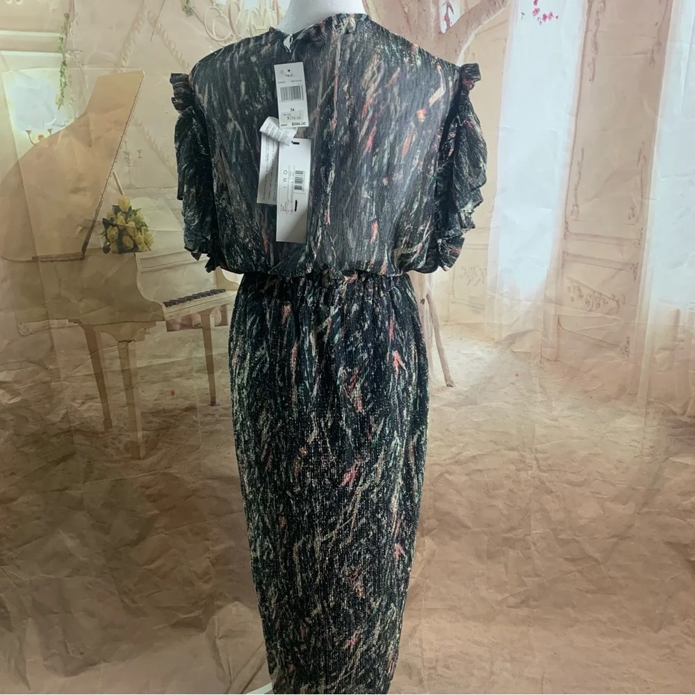 NEW IRO Gargas Wrap-effect Ruffled Printed lurex Sheer MIDI Dress - Picture 8 of 15